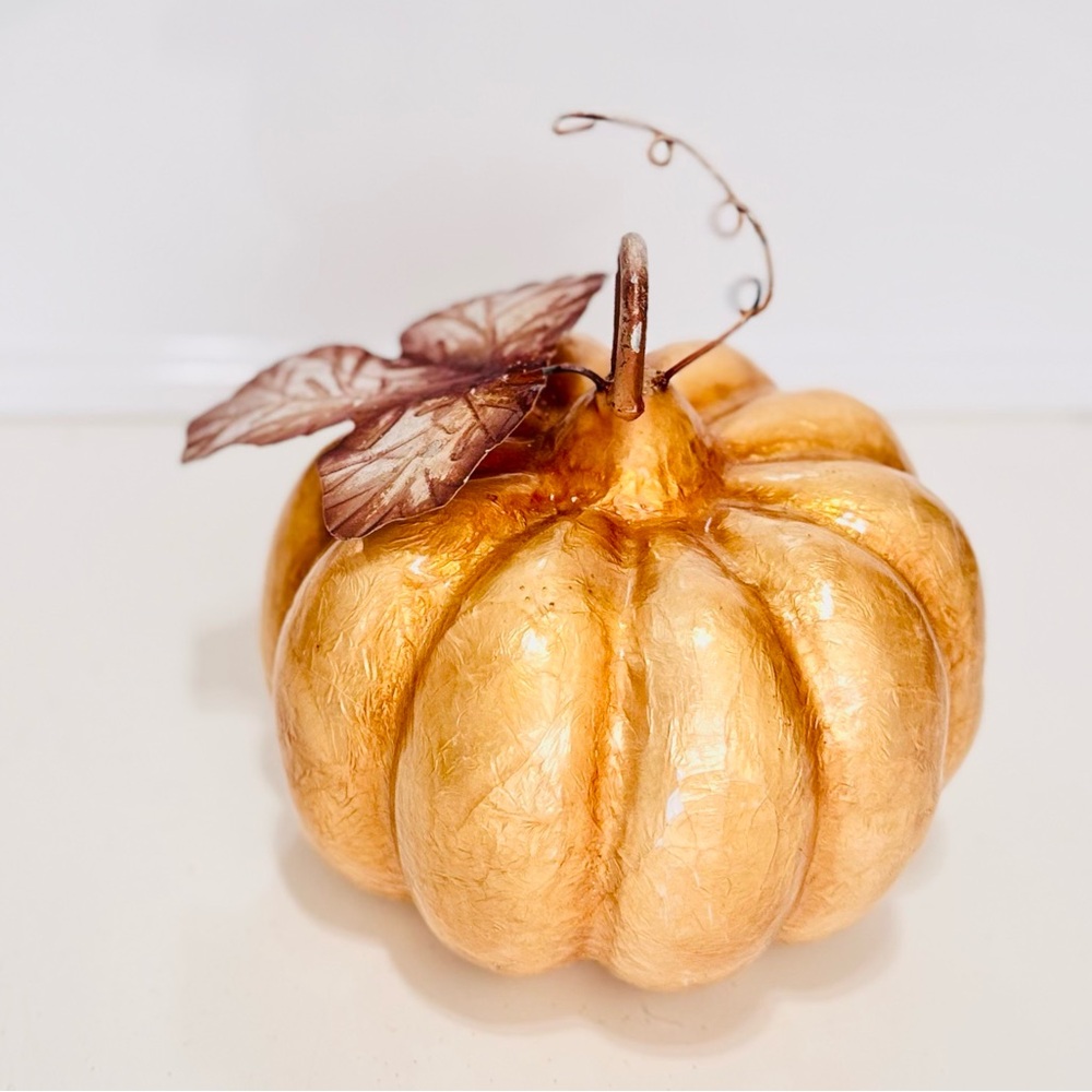 Gold Decorative Pumpkin w Leaf Accent Fall Thanksgiving Halloween Home Decor 5”